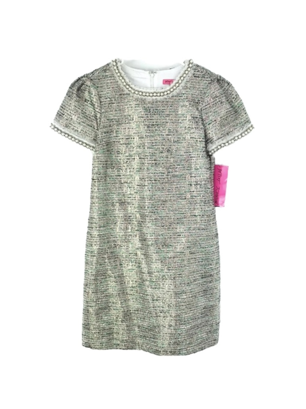 Betsy Johnson Women’s Pearl-Trim Neckline Metallic Tweed Shift Dress Size 8